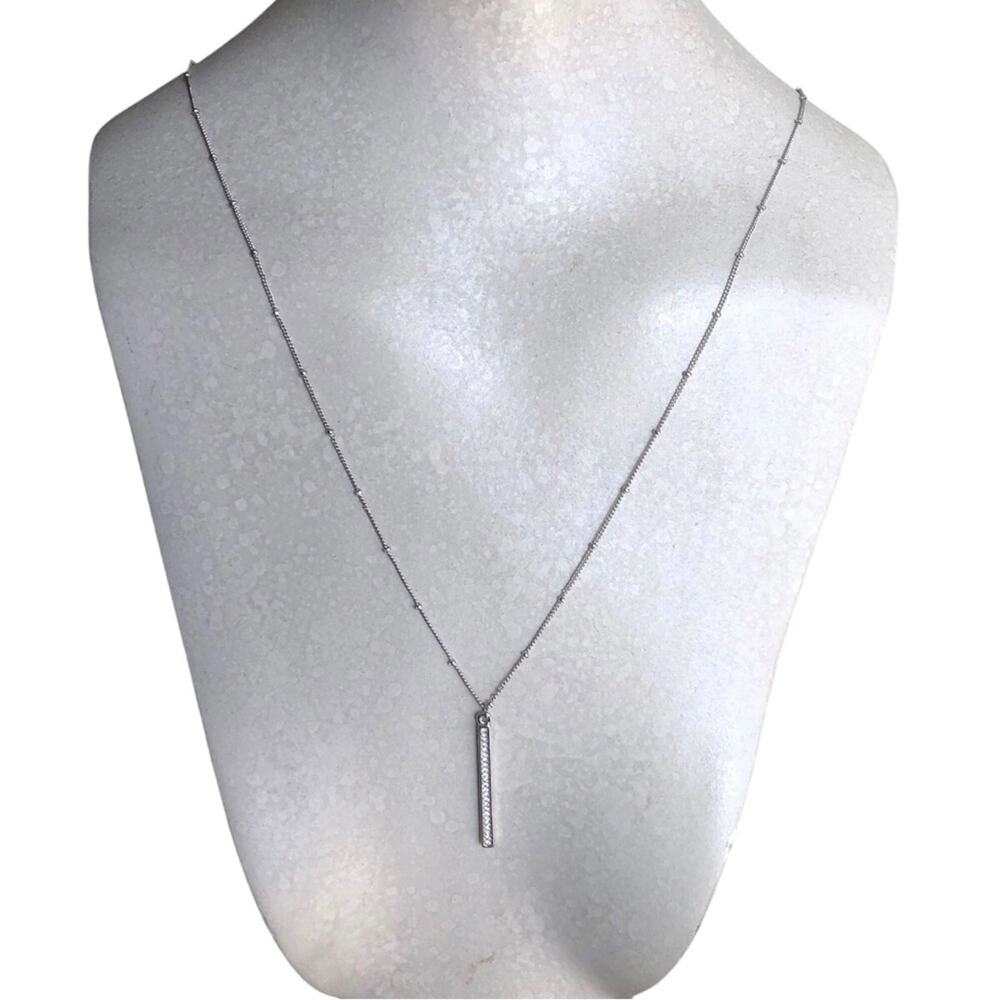 Classic Timeless Silver Plated Small Beads Cubic Zirconia Bar Pendant Necklace